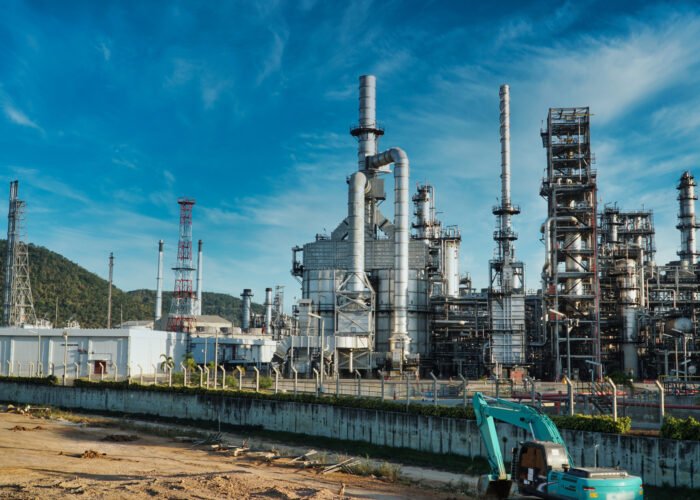 Petrochemical industry on blue sky, Power plant, Energy power station area.
