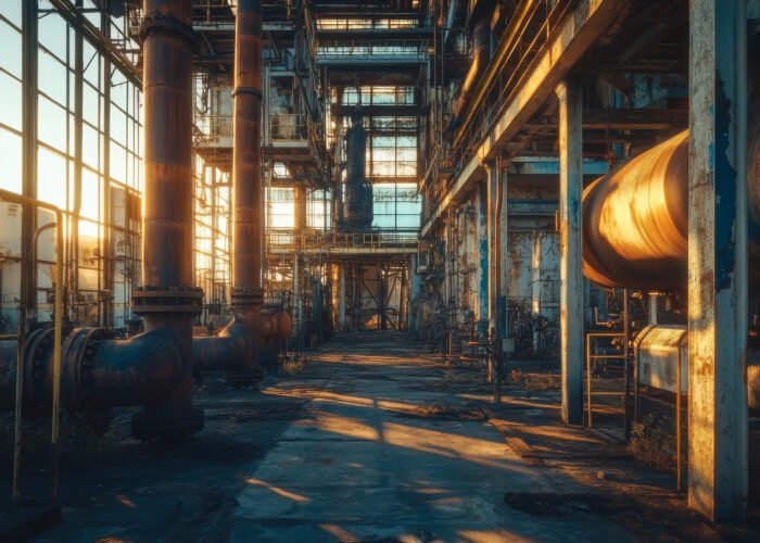 Golden sunset illuminates abandoned oil production plant with rusted pipes and steel structures