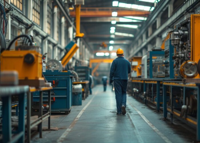 In the silent grandeur of an industrial workshop, a lone worker dressed in protective gear walks past tall machines, a testament to the synergy between human effort and the power of manufacturing excellence. Copy Space.