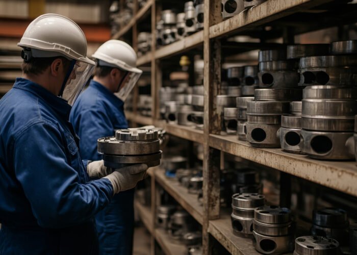 Workers in safety gear overseeing metal parts production in an industrial factory setting